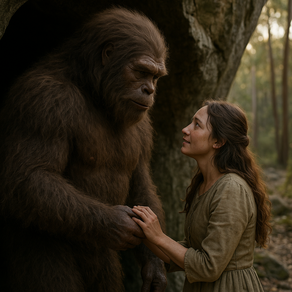 A photorealistic image of a gentle Yowie and a young woman standing outside a forest cave at dusk, holding hands and gazing into each other’s eyes, with warm golden light filtering through the trees in the background, highlighting the emotional bond between them.